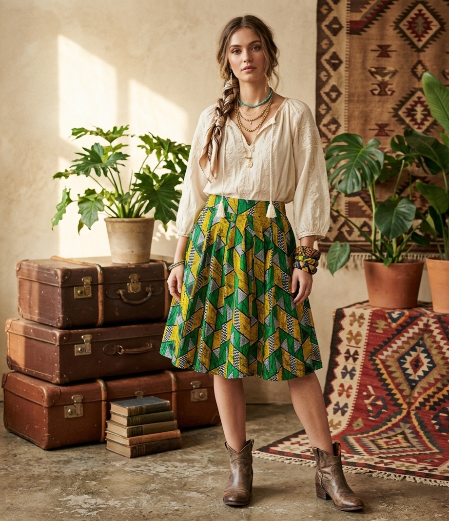 Styling the Vintage Pleated Kitenge Cotton Fabric Midi Skirt with Pockets