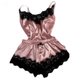 Nightwear, Lace Satin Pajama Set for Women Sleepwear V-Neck Stretch Sexy Lingerie Strap Vest Top Shorts Nightwear Pijamas - IkoChic