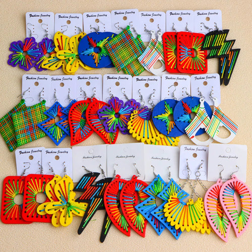 Earrings, 10Pairs/Lot Fashion Elegant Ethnic Geometric Multicolor Wooden Earrings For Women Daily Vacation Jewelry Accessories Party Gifts - IkoChic
