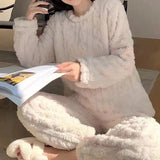 Nightwear, Autumn Women Solid Warm 1/2 Piece Sets Thicken Velvet Ribbed Fleece Set Pullover And Pants Women Casual Pajama Sets 2025 - IkoChic