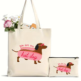 Bags, 2Pcs Embroidered Valentine Dog Pattern Tote Bag, Canvas Shoulder Bag For Travel & Daily Commute, Shopping Luggage Bag - IkoChic