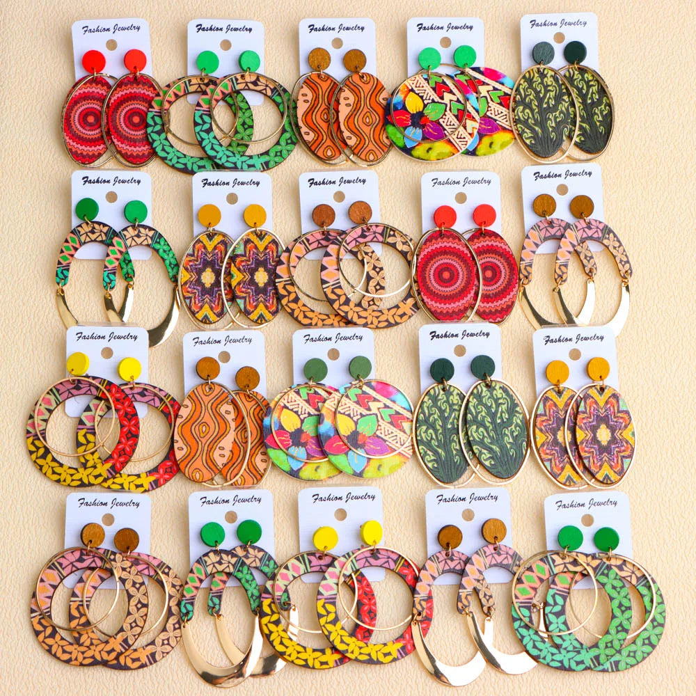 Earrings, 10Pairs/Lot Fashion Elegant Ethnic Geometric Multicolor Wooden Earrings For Women Daily Vacation Jewelry Accessories Party Gifts - IkoChic