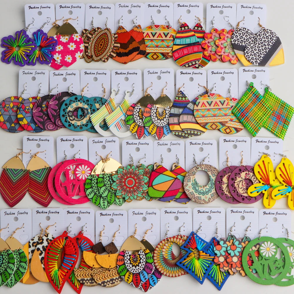 Earrings, 10Pairs/Lot Fashion Elegant Ethnic Geometric Multicolor Wooden Earrings For Women Daily Vacation Jewelry Accessories Party Gifts - IkoChic