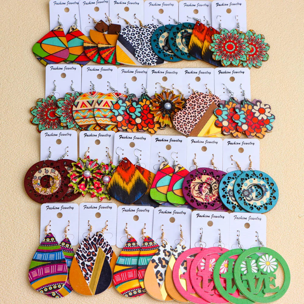 Earrings, 10Pairs/Lot Fashion Elegant Ethnic Geometric Multicolor Wooden Earrings For Women Daily Vacation Jewelry Accessories Party Gifts - IkoChic