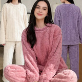 Nightwear, Autumn Women Solid Warm 1/2 Piece Sets Thicken Velvet Ribbed Fleece Set Pullover And Pants Women Casual Pajama Sets 2025 - IkoChic