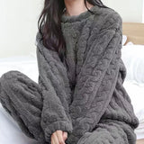 Nightwear, Autumn Women Solid Warm 1/2 Piece Sets Thicken Velvet Ribbed Fleece Set Pullover And Pants Women Casual Pajama Sets 2025 - IkoChic