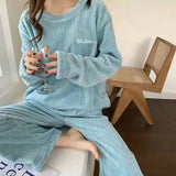 Nightwear, Autumn Women Solid Warm 1/2 Piece Sets Thicken Velvet Ribbed Fleece Set Pullover And Pants Women Casual Pajama Sets 2025 - IkoChic