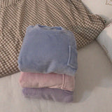 Nightwear, Fleece Thick Warm Women's Pajamas Set Winter Sleepwear Casual Solid Top and Plaid Pants Soft Pijamas Set for Women Home Suit - IkoChic
