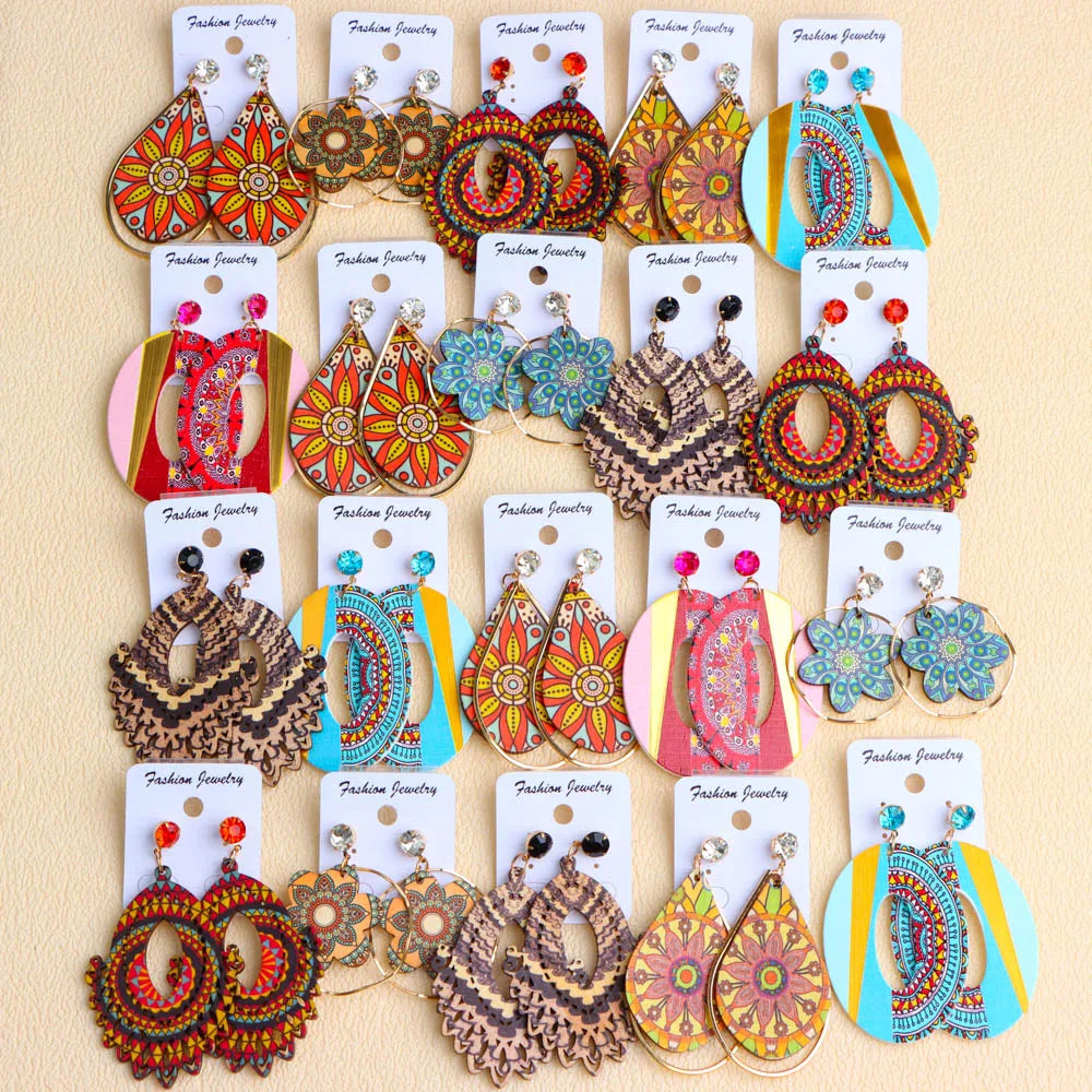 Earrings, 10Pairs/Lot Fashion Elegant Ethnic Geometric Multicolor Wooden Earrings For Women Daily Vacation Jewelry Accessories Party Gifts - IkoChic