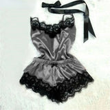 Nightwear, Lace Satin Pajama Set for Women Sleepwear V-Neck Stretch Sexy Lingerie Strap Vest Top Shorts Nightwear Pijamas - IkoChic