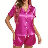 Nightwear, Pajama Lounge Set with Heart Embroidered Pocket Patched Sleepwear Button Down Short Sleeve Top & Shorts Pyjama Home Clothing - IkoChic