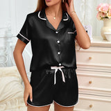 Nightwear, Pajama Lounge Set with Heart Embroidered Pocket Patched Sleepwear Button Down Short Sleeve Top & Shorts Pyjama Home Clothing - IkoChic