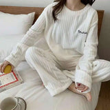 Nightwear, Autumn Women Solid Warm 1/2 Piece Sets Thicken Velvet Ribbed Fleece Set Pullover And Pants Women Casual Pajama Sets 2025 - IkoChic