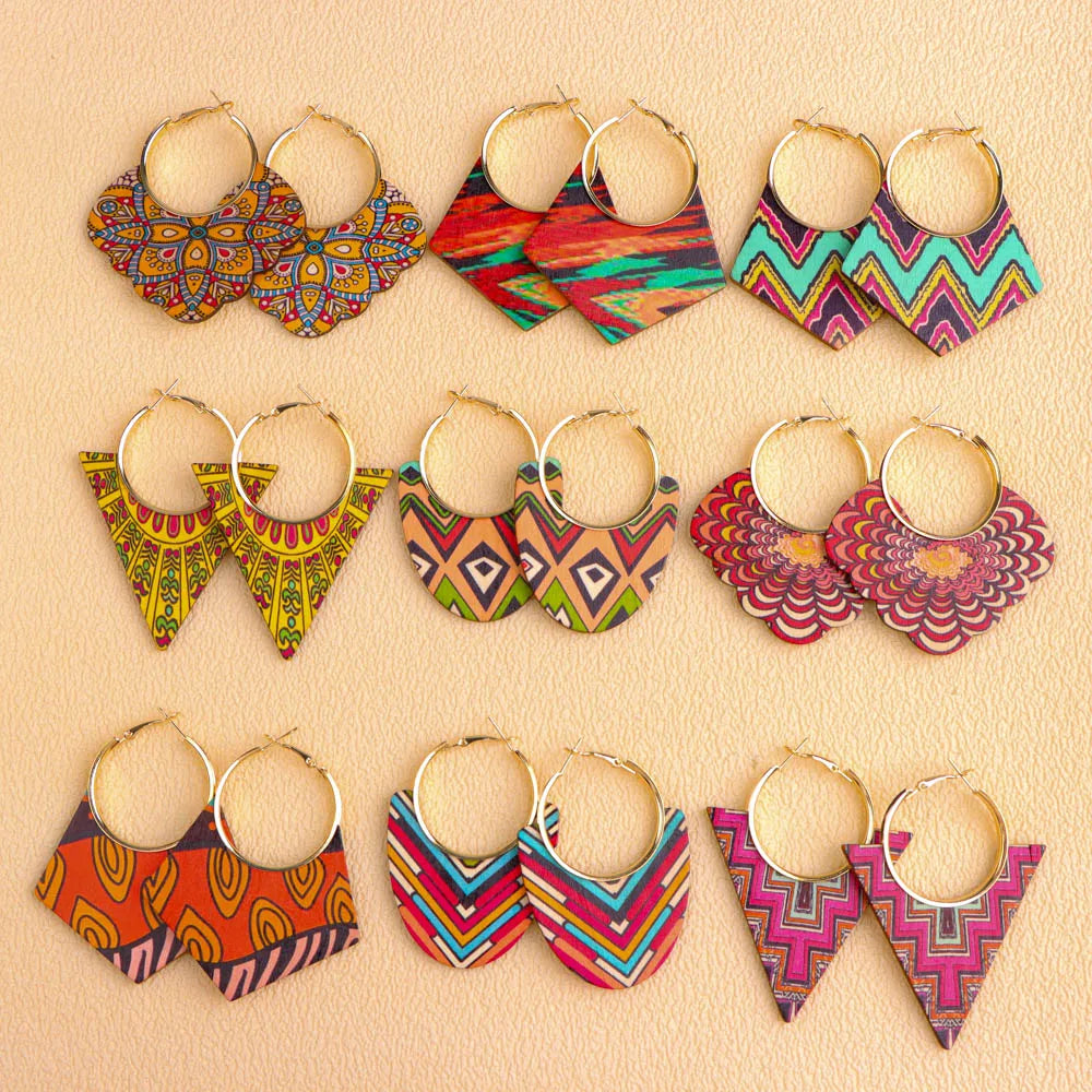 Earrings, 10Pairs/Lot Fashion Elegant Ethnic Geometric Multicolor Wooden Earrings For Women Daily Vacation Jewelry Accessories Party Gifts - IkoChic