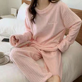 Nightwear, Autumn Women Solid Warm 1/2 Piece Sets Thicken Velvet Ribbed Fleece Set Pullover And Pants Women Casual Pajama Sets 2025 - IkoChic