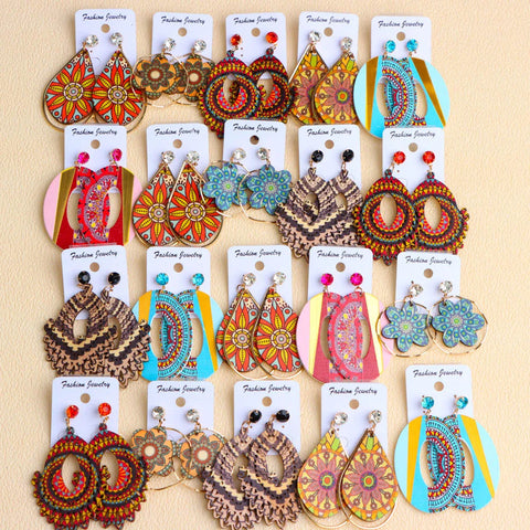 Earrings, 10Pairs/Lot Fashion Elegant Ethnic Geometric Multicolor Wooden Earrings For Women Daily Vacation Jewelry Accessories Party Gifts - IkoChic
