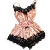 Nightwear, Lace Satin Pajama Set for Women Sleepwear V-Neck Stretch Sexy Lingerie Strap Vest Top Shorts Nightwear Pijamas - IkoChic