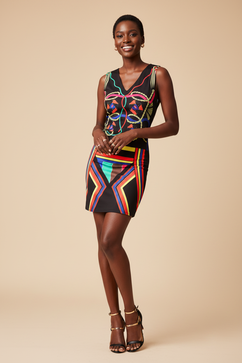Dresses, Multicoloured Neon Aztec Print Sleeveless Bodycon Dress - IkoChic