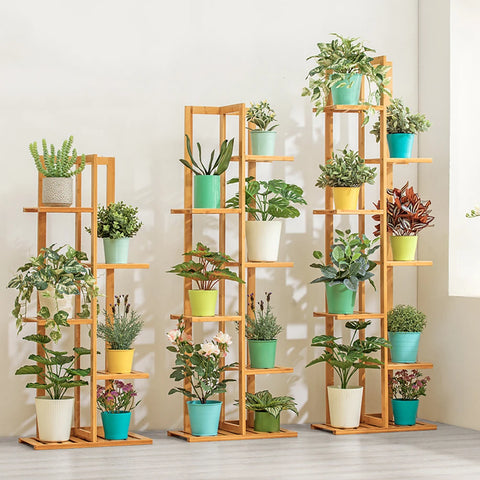 Bamboo 5-6 tier plant stand with multiple shelves for indoor and outdoor flower pot display.