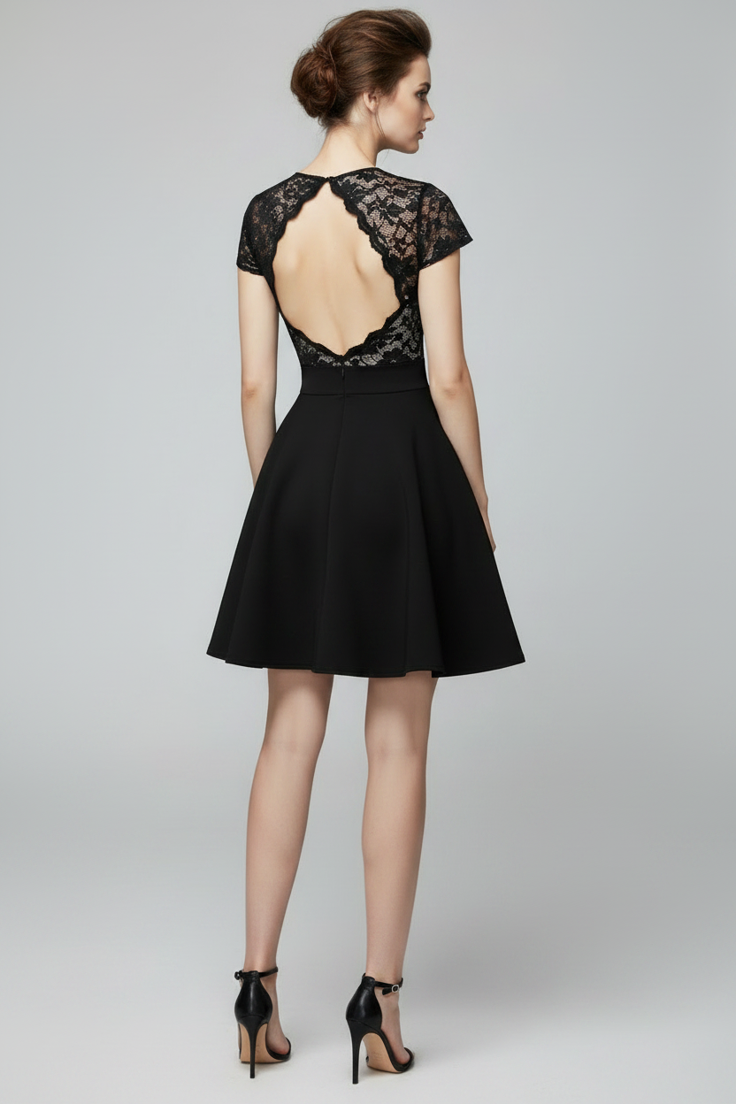 Black Floral Lace Skater Dress | Open Back Cap Sleeve Formal Dress - IkoChic