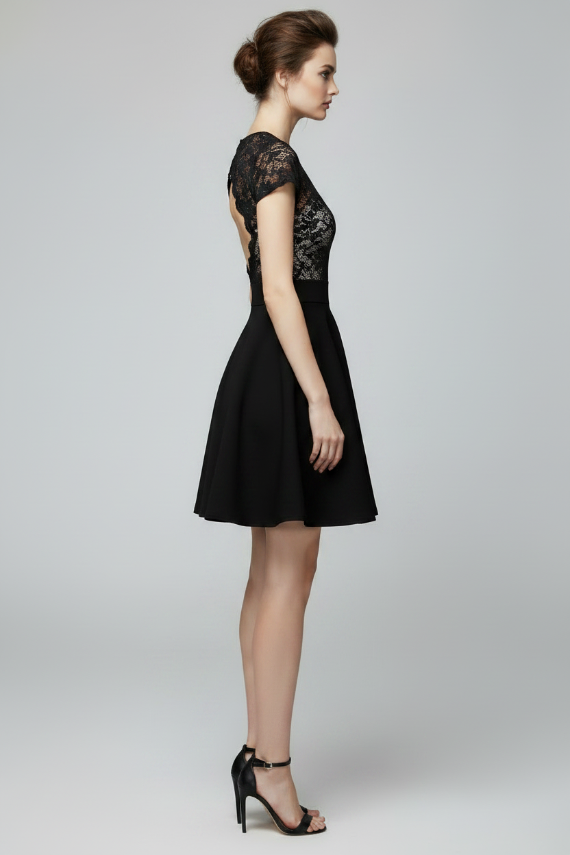Black Floral Lace Skater Dress | Open Back Cap Sleeve Formal Dress - IkoChic