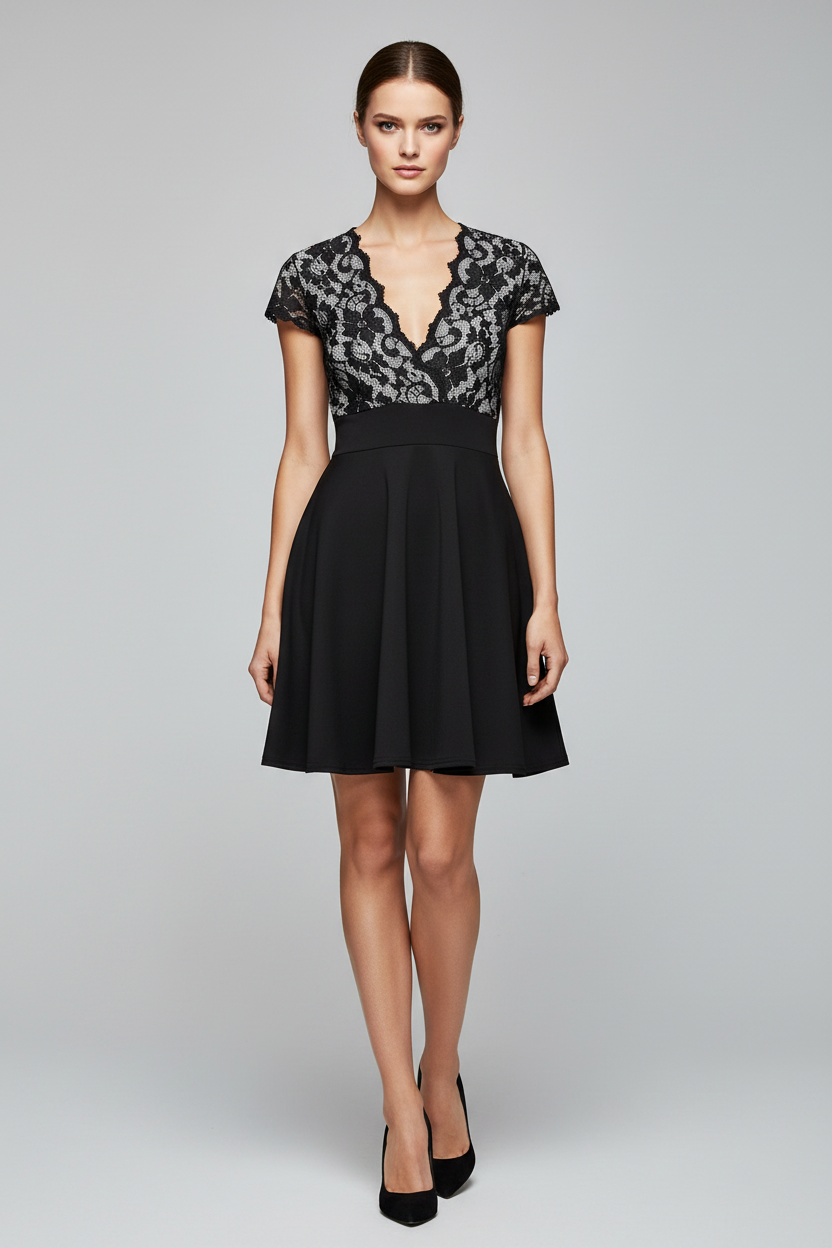 Black Floral Lace Skater Dress | Open Back Cap Sleeve Formal Dress - IkoChic