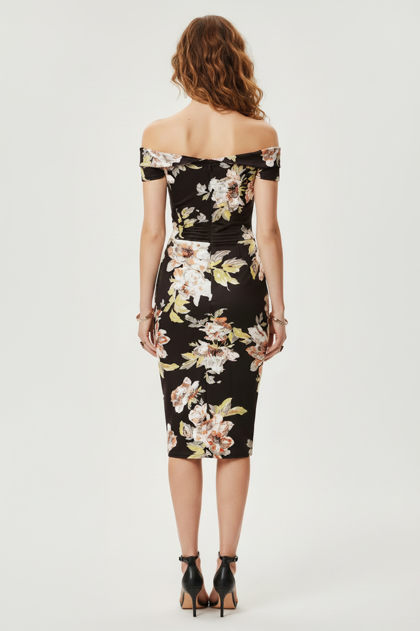 Black Floral Off-Shoulder Bodycon Dress with pleated frill – Wedding & Cocktail Outfit