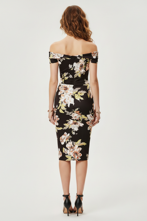 Dresses, Black Floral Off-Shoulder Bodycon Dress with pleated frill – Wedding & Cocktail Outfit - IkoChic