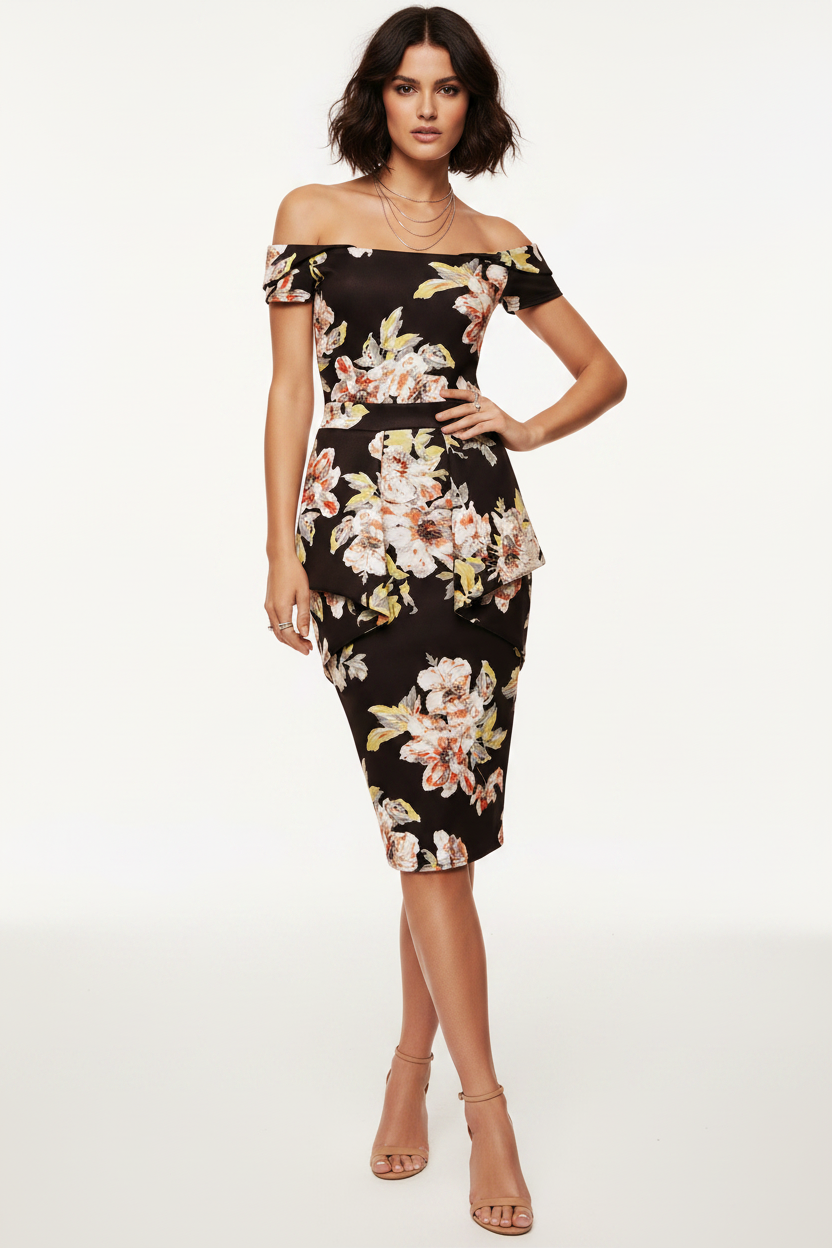 Black Floral Off-Shoulder Bodycon Dress with pleated frill – Wedding & Cocktail Outfit