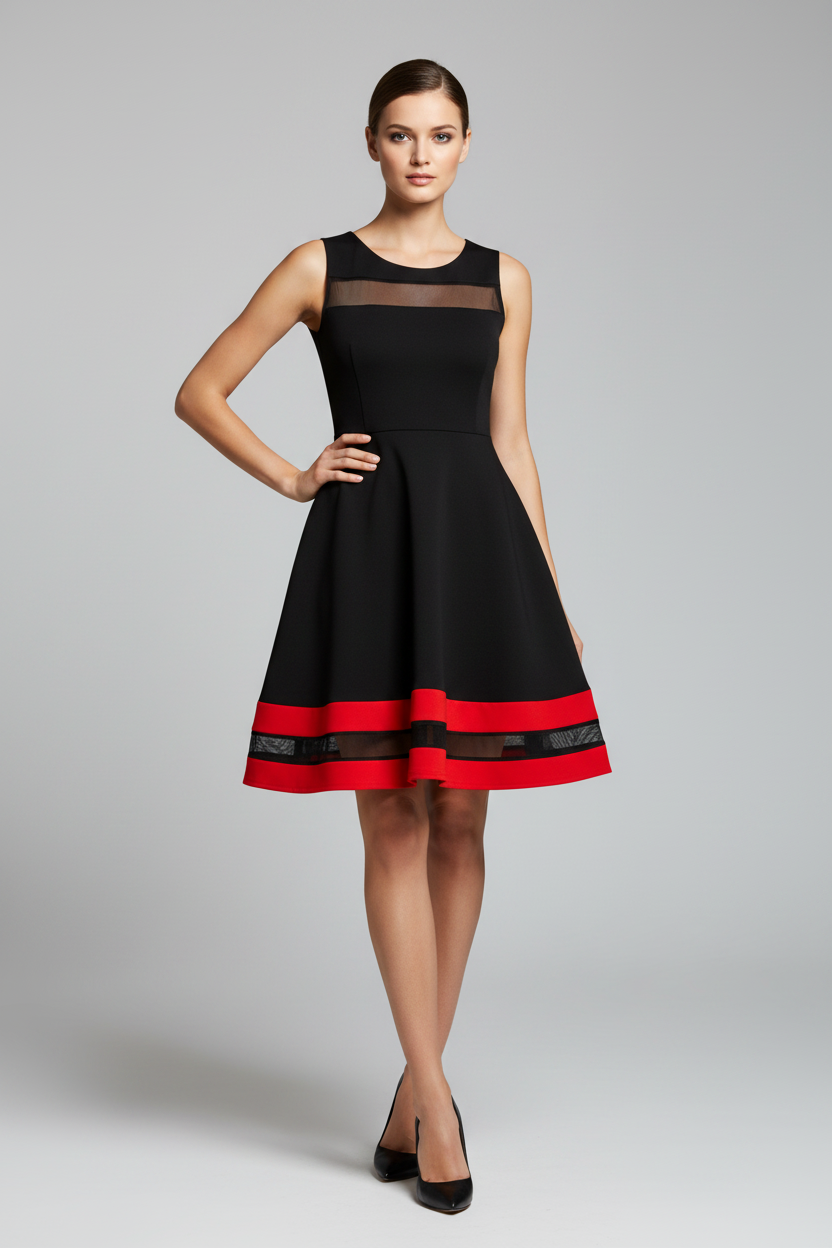 Dresses, Black Mesh Skater Dress | Vintage Style Date Night Dress with Red Detail - IkoChic - IkoChic