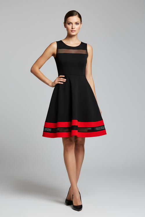 Dresses, Black Mesh Skater Dress | Vintage Style Date Night Dress with Red Detail - IkoChic - IkoChic
