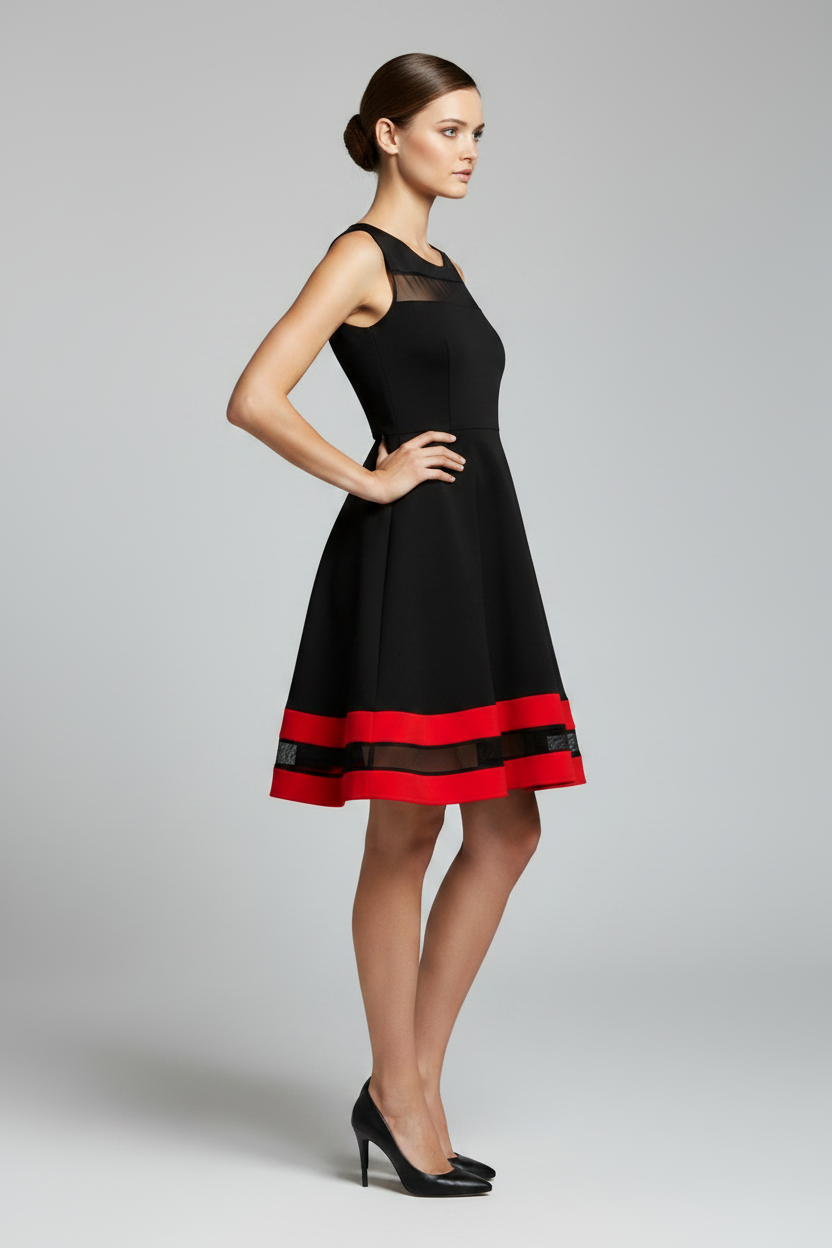 Dresses, Black Mesh Skater Dress | Vintage Style Date Night Dress with Red Detail - IkoChic - IkoChic