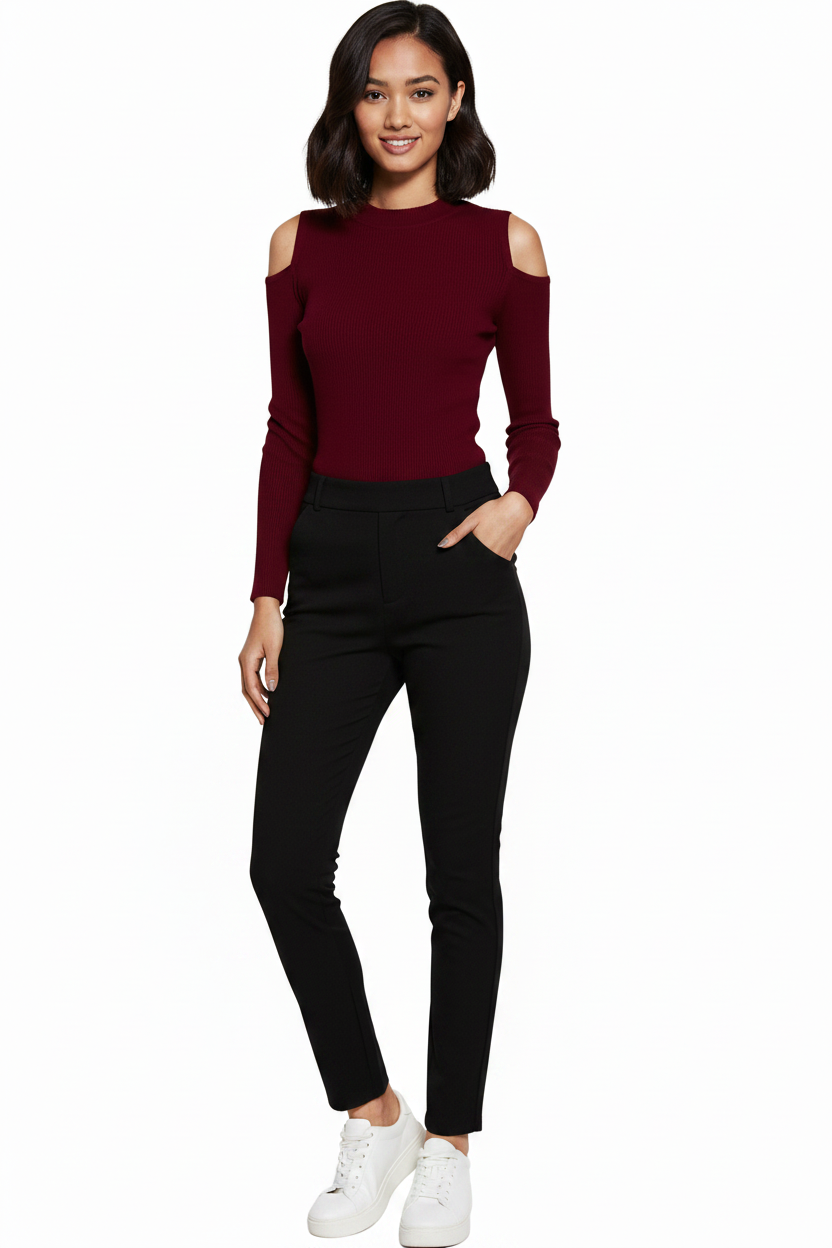Shirts & Tops, Cut Out Shoulder Ribbed Long Sleeved Knitted Top - IkoChic