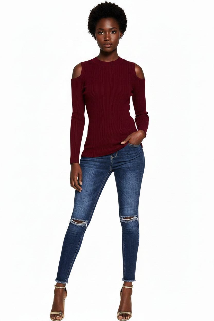 Shirts & Tops, Cut Out Shoulder Ribbed Long Sleeved Knitted Top - IkoChic