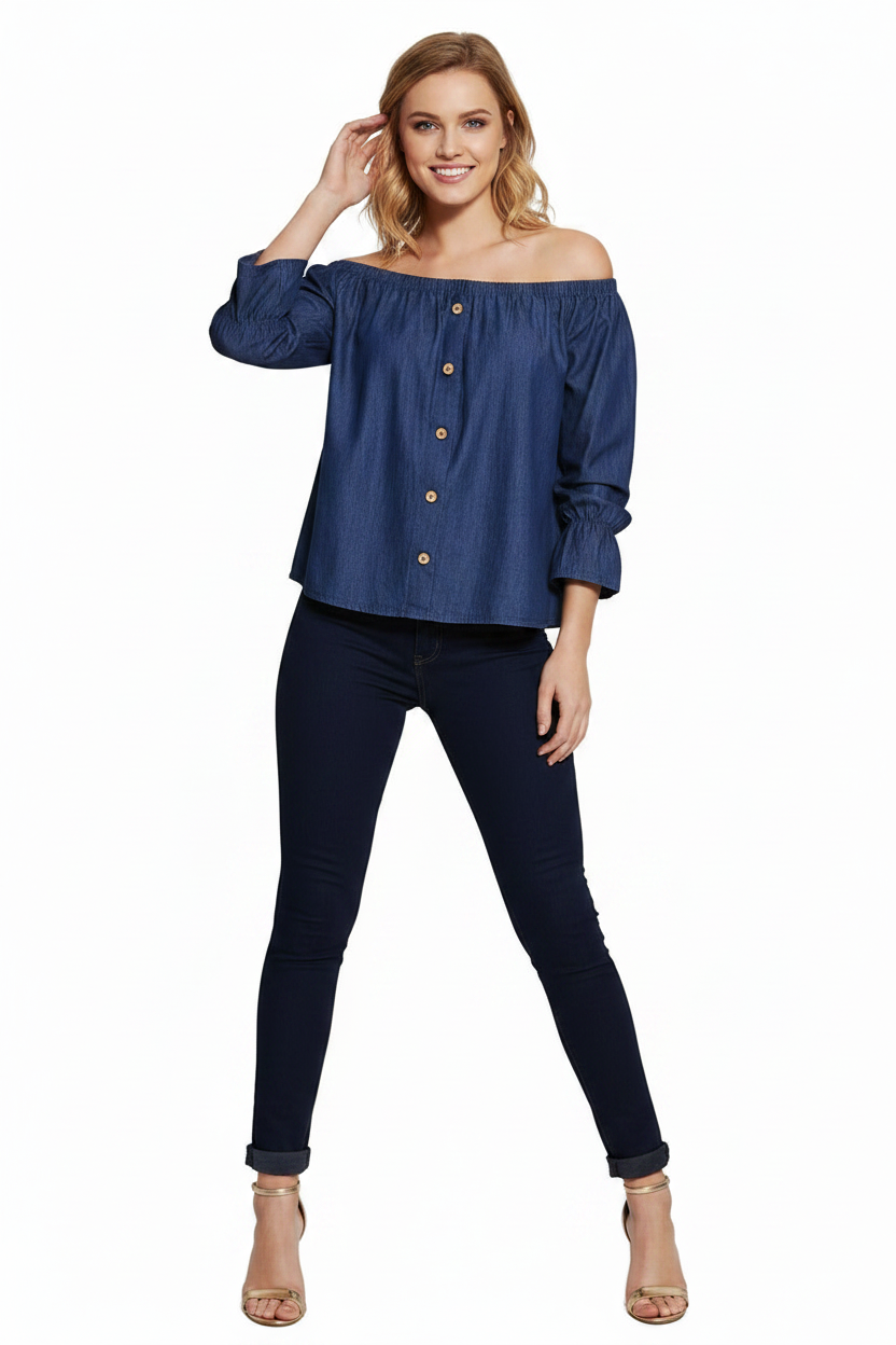Shirts & Tops, Dark Blue Denim Off Shoulder Ruffle Sleeve Top - IkoChic