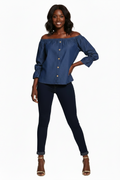 Shirts & Tops, Dark Blue Denim Off Shoulder Ruffle Sleeve Top - IkoChic