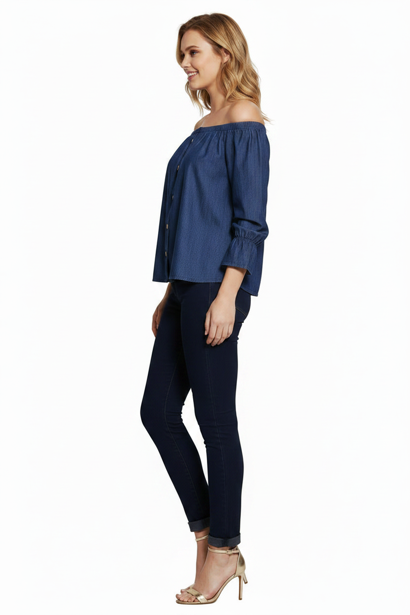 Shirts & Tops, Dark Blue Denim Off Shoulder Ruffle Sleeve Top - IkoChic
