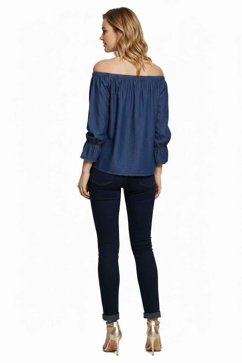Shirts & Tops, Dark Blue Denim Off Shoulder Ruffle Sleeve Top - IkoChic