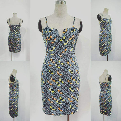IkoChic grey multicolored bodycon dress with
adjustable straps, v-cut chest area,
hidden back zip, and back slit.