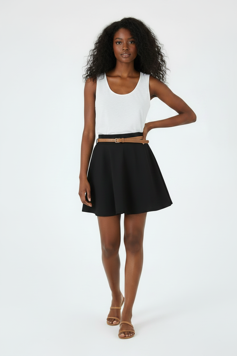 Skirts, Plain Flared Mini Skater Skirt with Belt - IkoChic