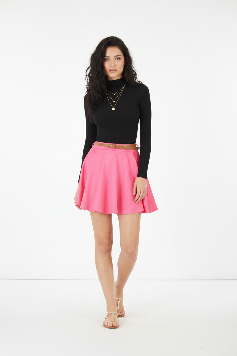 Skirts, Plain Flared Mini Skater Skirt with Belt - IkoChic