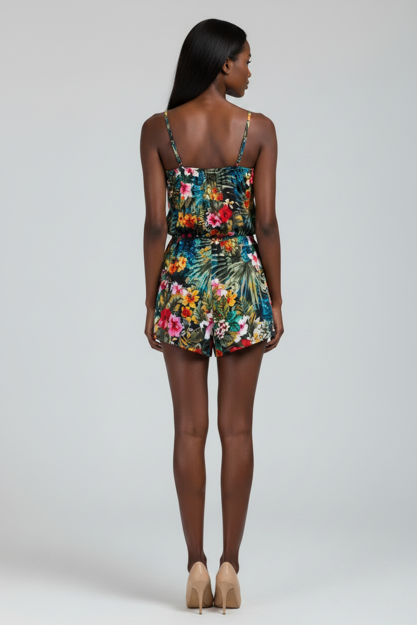 Playsuit, Sleeveless Tropical Print Playsuits with straps & pockets - IkoChic