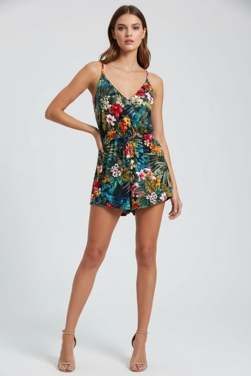 Playsuit, Sleeveless Tropical Print Playsuits with straps & pockets - IkoChic