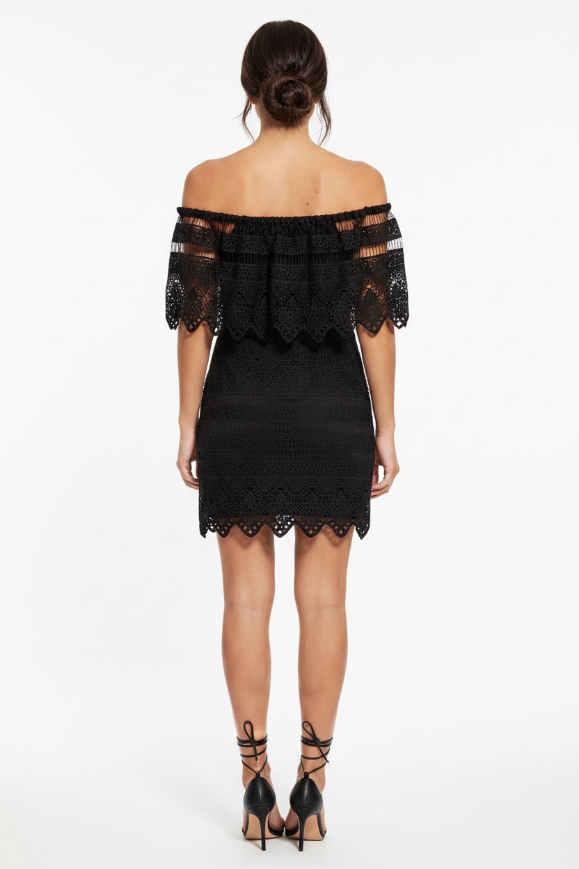Dresses, Black Bardot Off-Shoulder Lace Mini Dress | Evening Party Dress - IkoChic