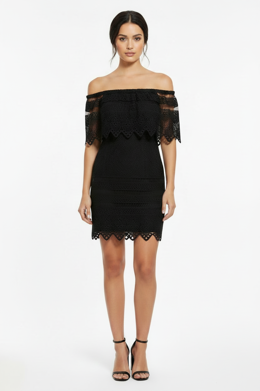 Dresses, Black Bardot Off-Shoulder Lace Mini Dress | Evening Party Dress - IkoChic