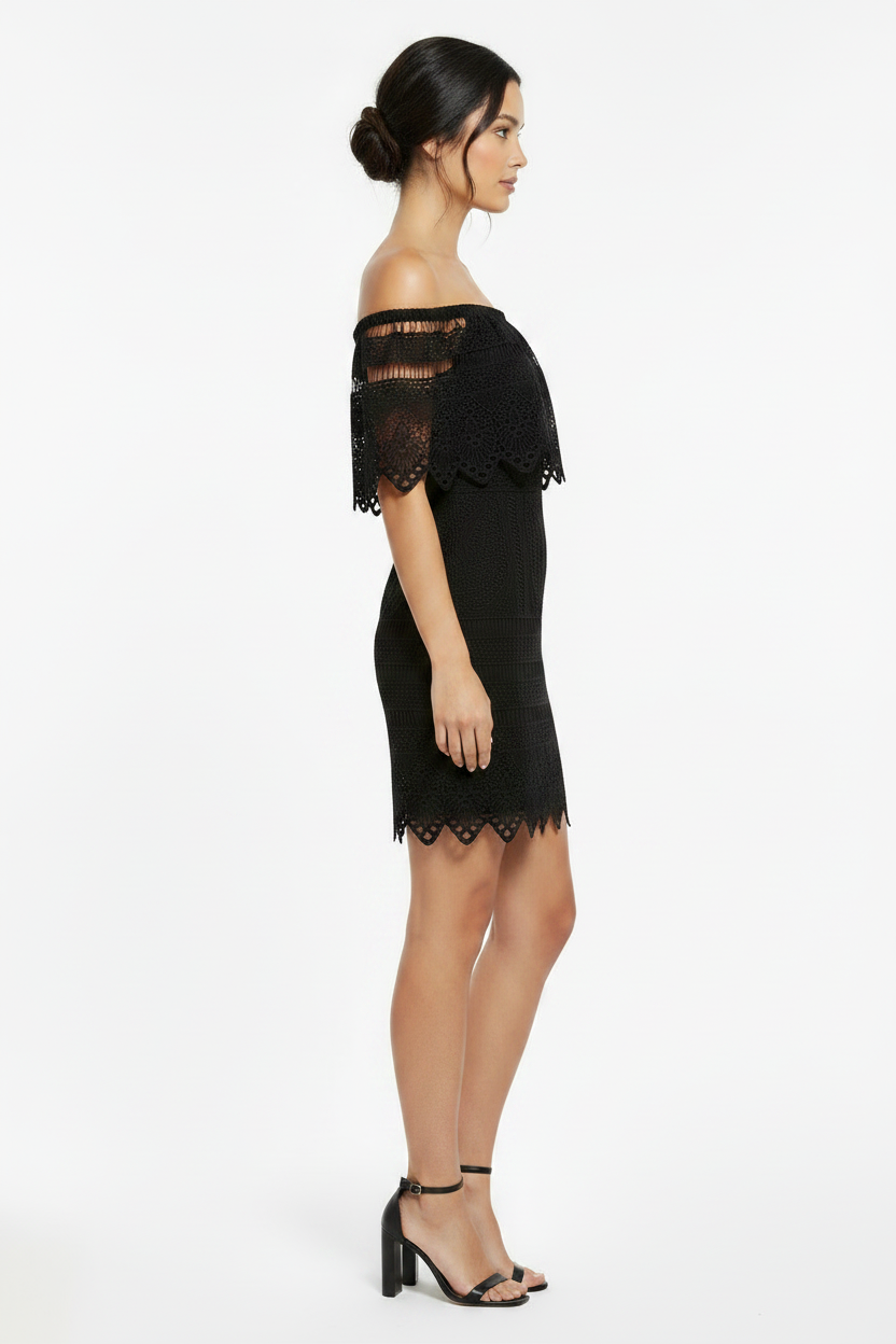 Dresses, Black Bardot Off-Shoulder Lace Mini Dress | Evening Party Dress - IkoChic