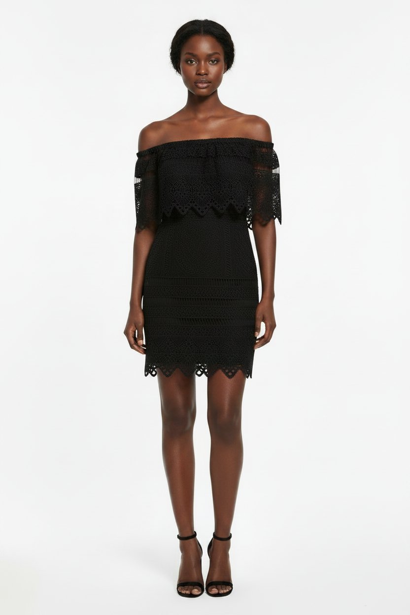 Dresses, Black Bardot Off-Shoulder Lace Mini Dress | Evening Party Dress - IkoChic