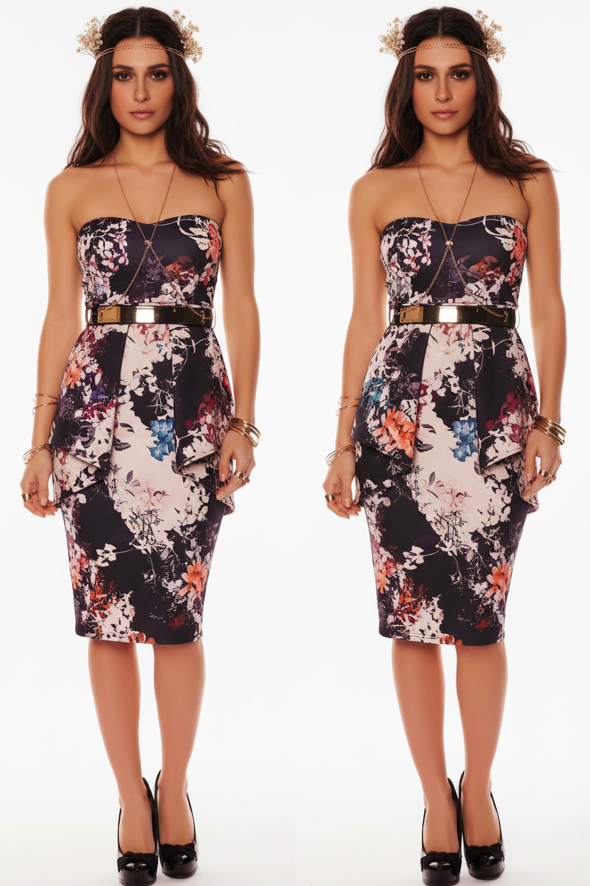 Dresses, Front Pleat Frill Oriental Floral Strapless Dress with a Gold Belt Bandeau - IkoChic