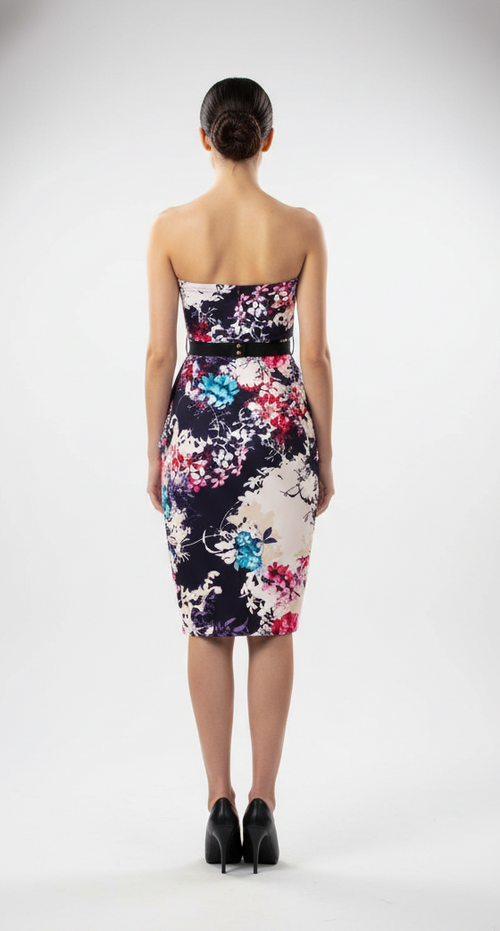 Dresses, Boho Floral Strapless Bodycon Dress with Gold Belt | IkoChic UK - IkoChic