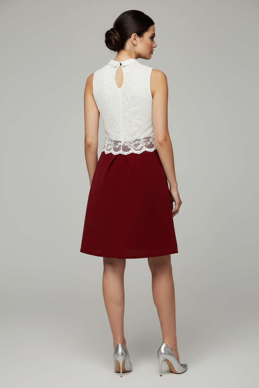 Dresses, White Wine Delicate Floral Lace Overlay Crepe Style Dress - IkoChic